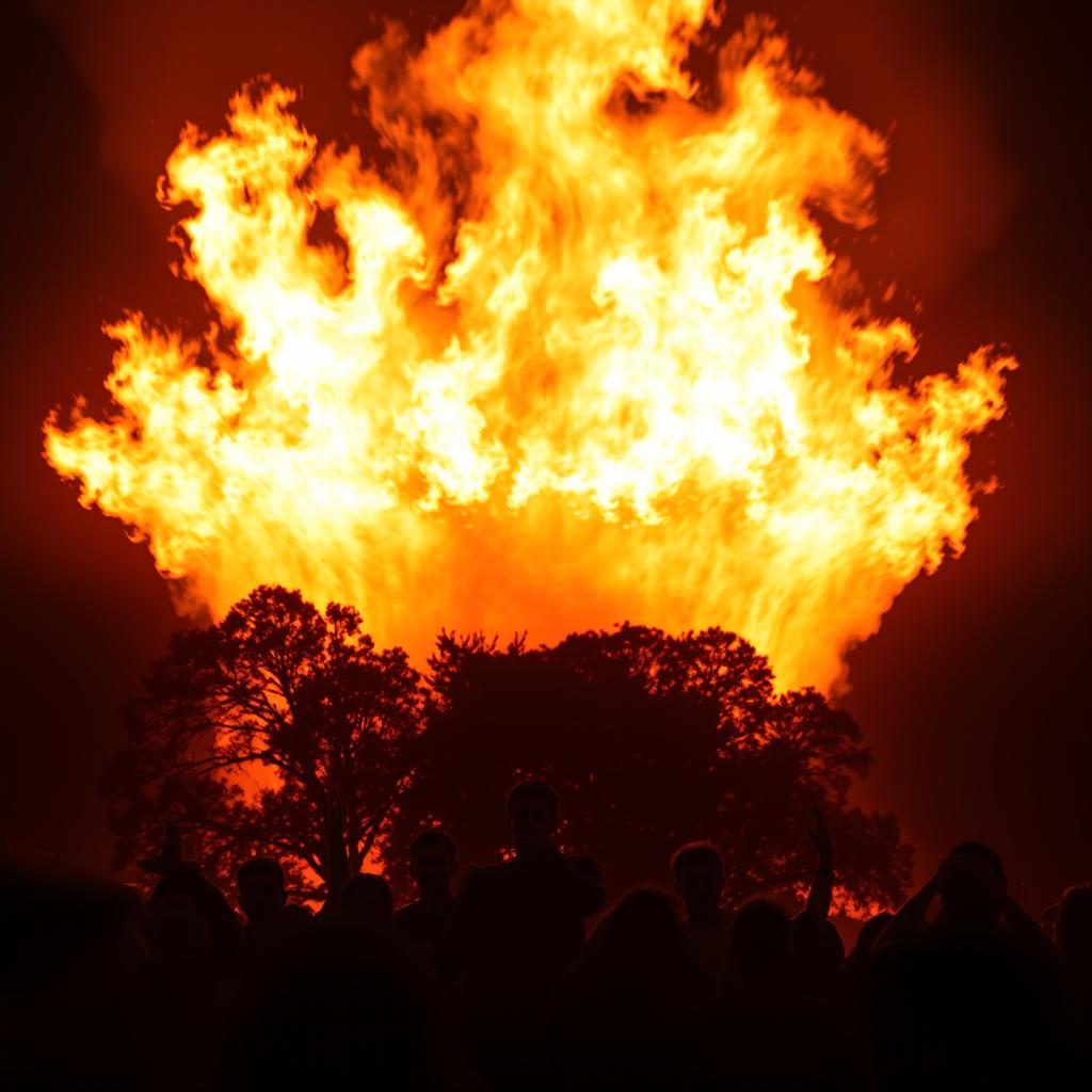 A dramatic scene of a giant fire blazing with intense heat, flames reaching high into the sky, casting an orange glow