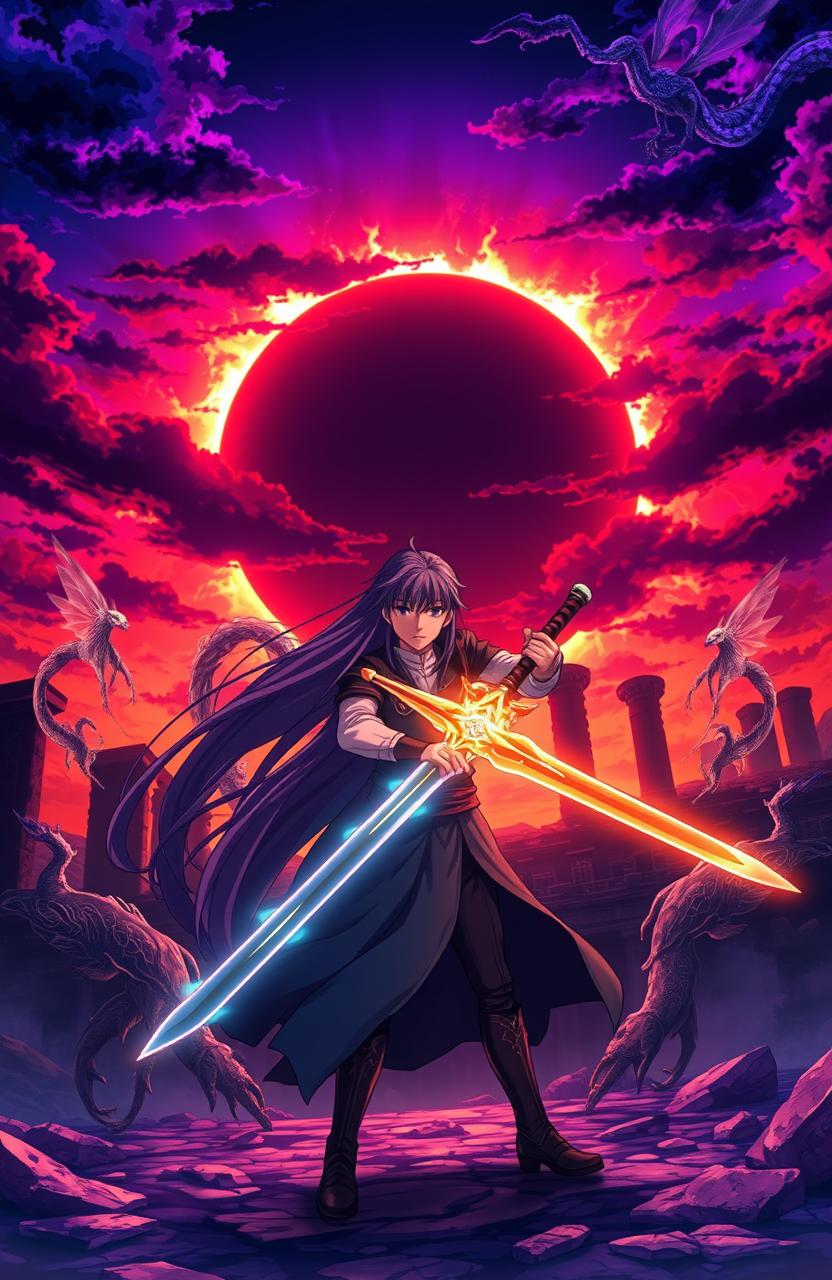 An anime scene set during an eclipse, featuring a mystical landscape with vibrant colors in the sky blending dark purples, deep blues, and fiery oranges