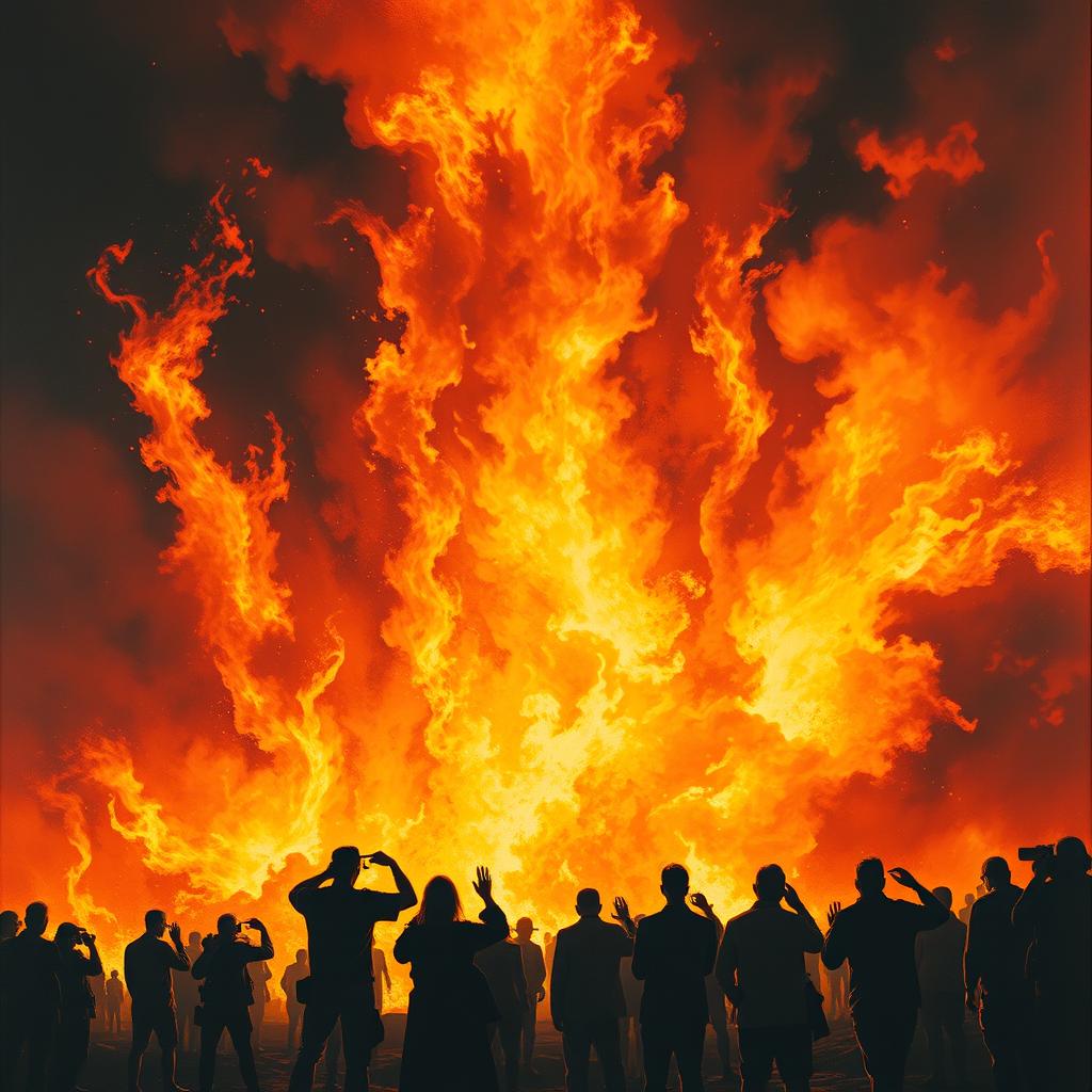A massive inferno engulfed in searing flames, casting a blinding glow that forces spectators to shield their faces