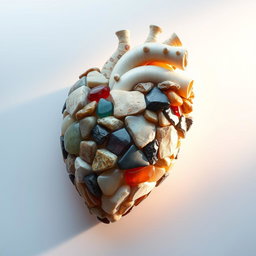 An artistic representation of a human heart made entirely from various stones, showcasing a rich variety of textures and colors