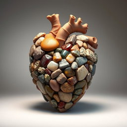 An artistic representation of a human heart made entirely from various stones, showcasing a rich variety of textures and colors