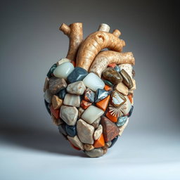An artistic representation of a human heart made entirely from various stones, showcasing a rich variety of textures and colors