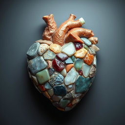 An artistic representation of a human heart made entirely from various stones, showcasing a rich variety of textures and colors
