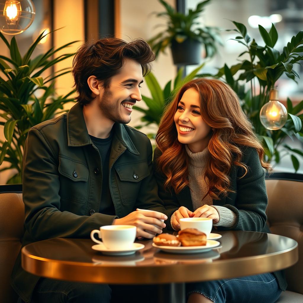 A cozy and intimate scene featuring two main leads sitting together at a cafe table, portraying a charming moment as a fake couple