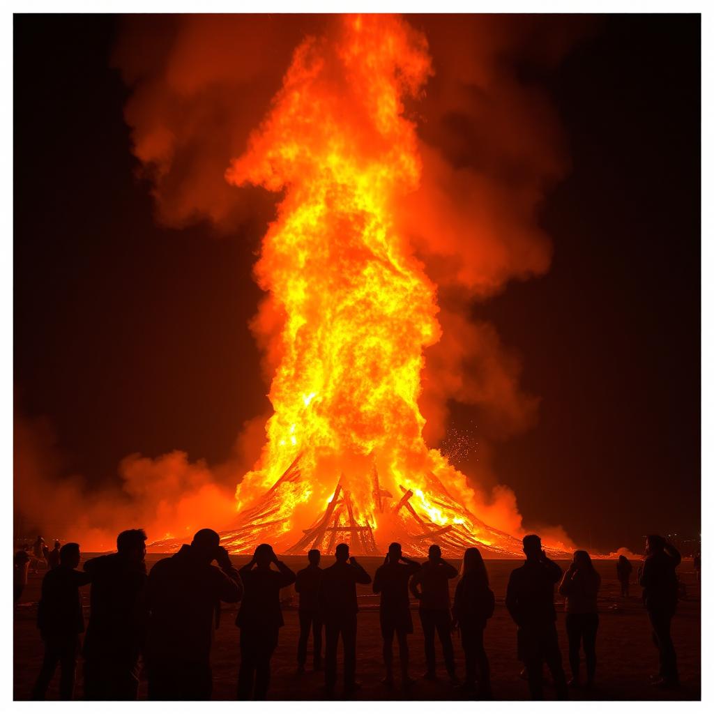 A giant fire blazing with intense heat, vivid orange and red flames reaching high into the night sky, surrounded by thick smoke