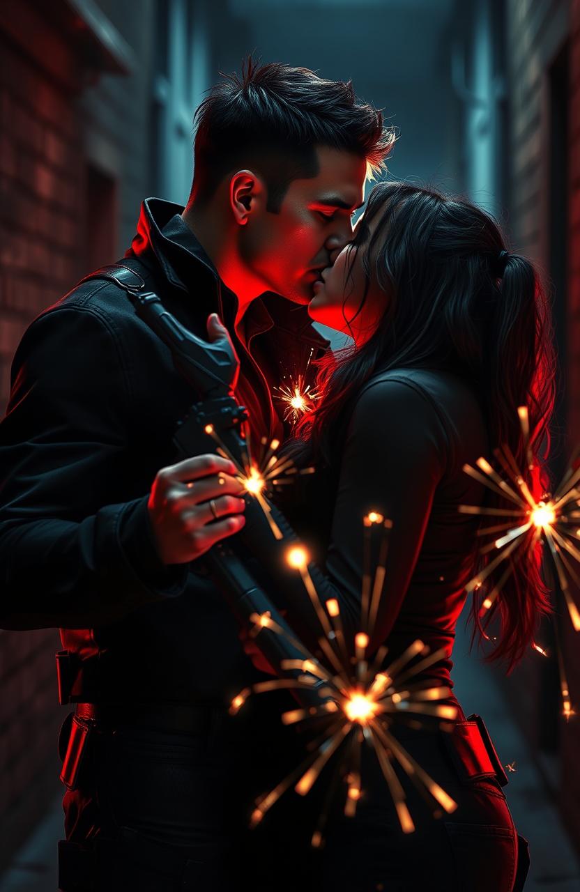 Two assassins passionately kissing in a dramatic scene