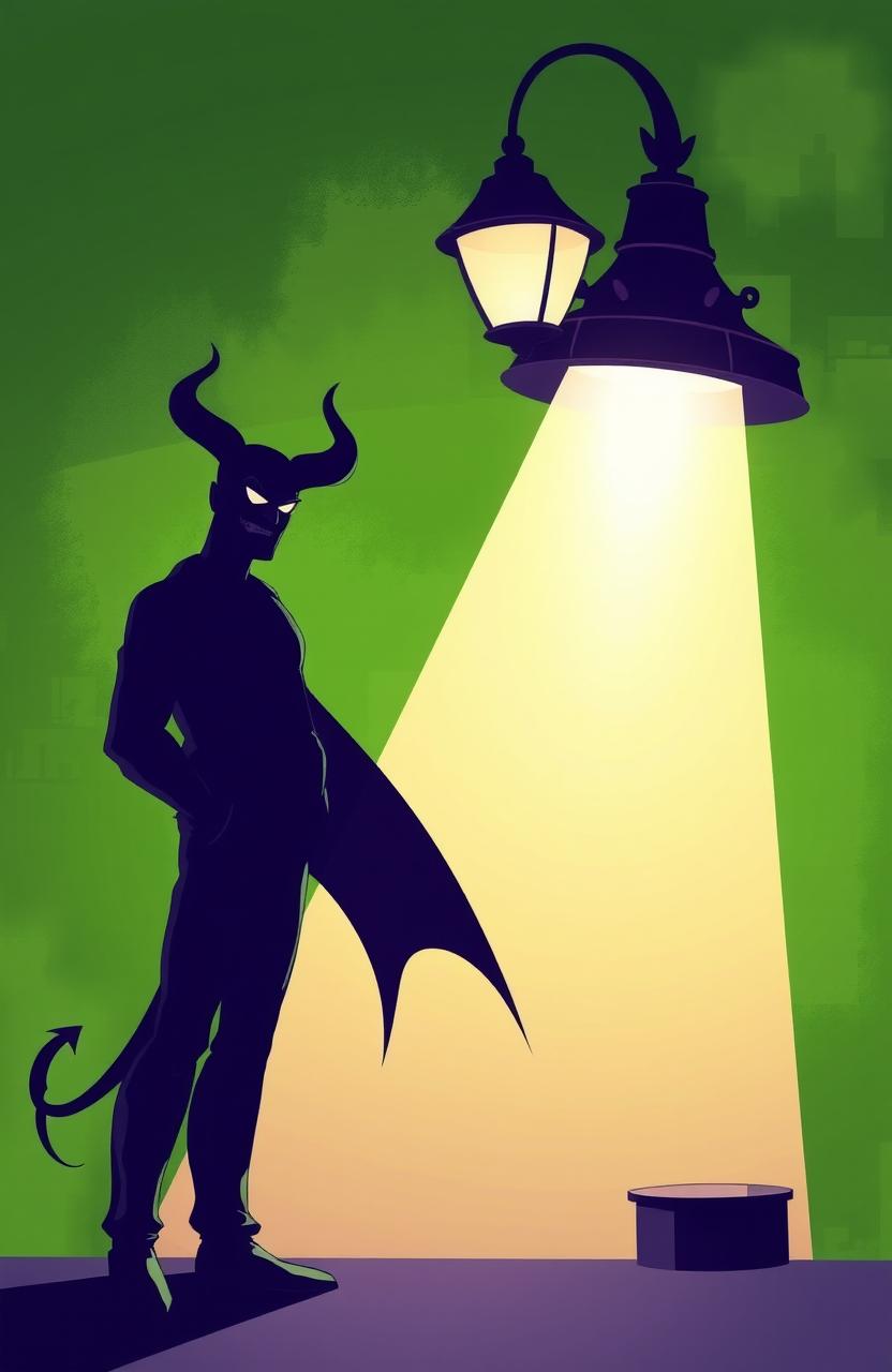 A shadow man standing under a street lamp with a soft glow, casting a dramatic shadow that resembles a devil