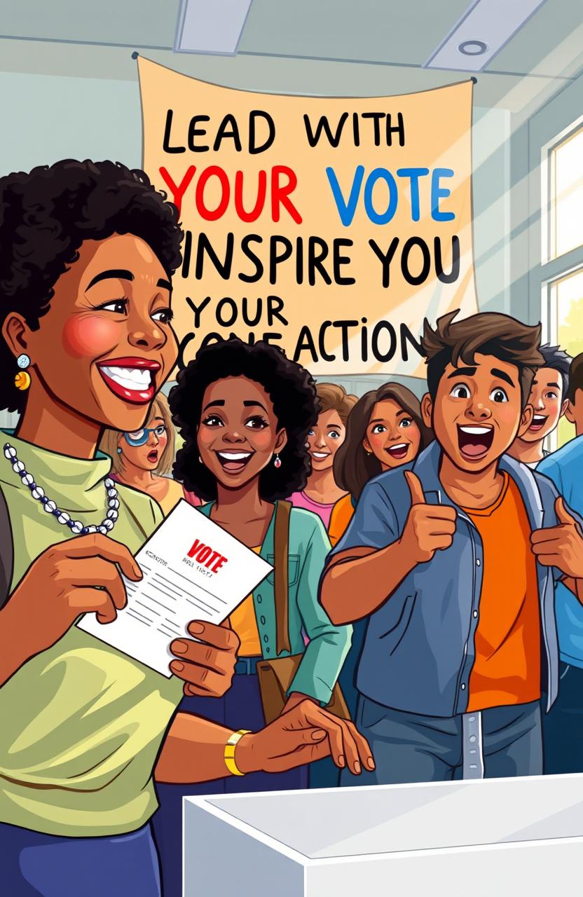 A vibrant and inspiring illustration showing a diverse group of people casting their votes at a polling station, with lively expressions of hope and determination