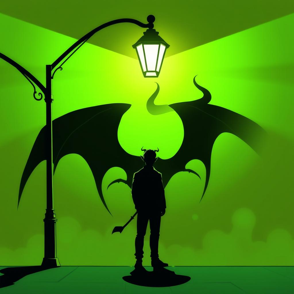 A silhouette of a man standing under a glowing street lamp, casting a striking shadow that depicts a devil