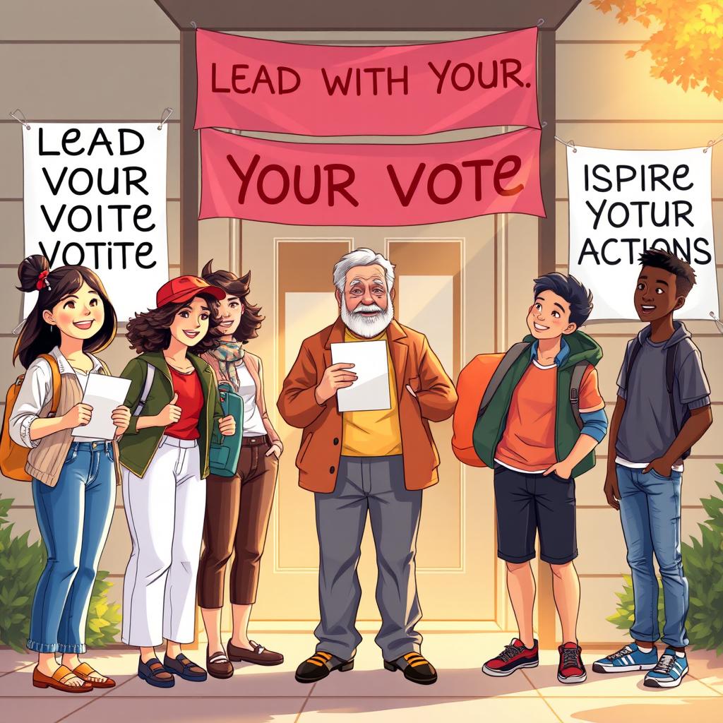 An inspiring and uplifting artwork depicting a diverse group of people standing together outside a polling station, showcasing their excitement and determination to vote