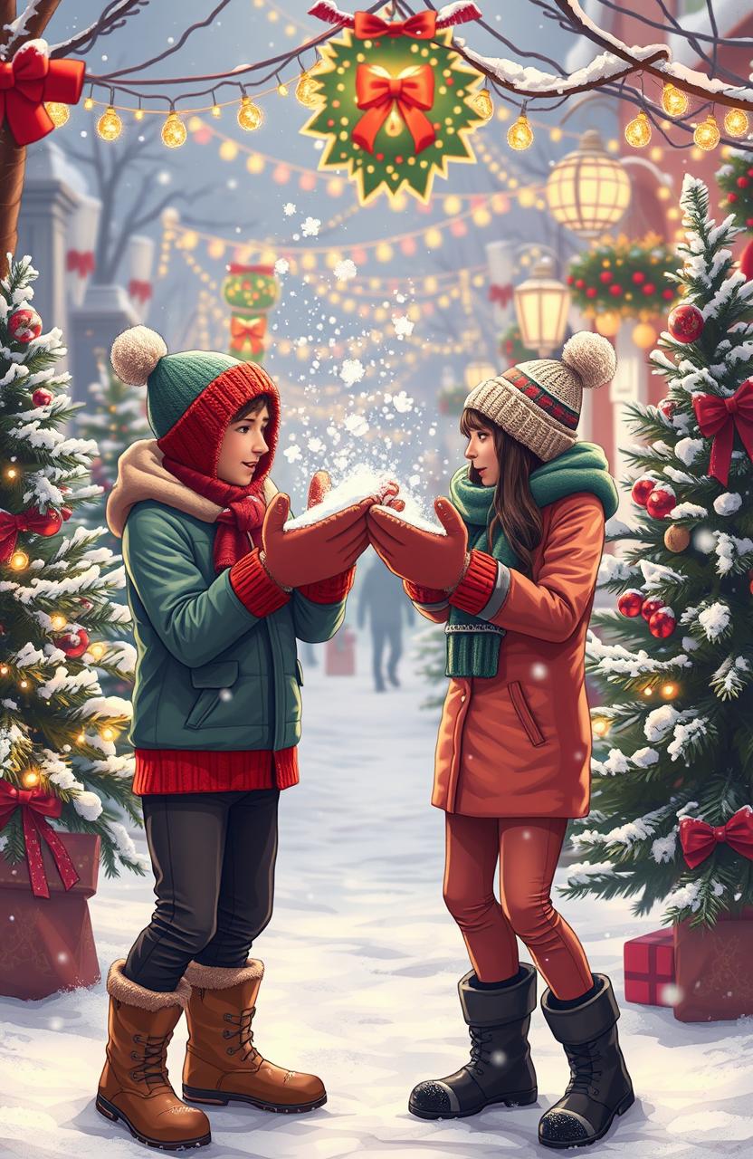 A lively holiday scene depicting a comedic enemies-to-lovers scenario, featuring two characters engaged in a humorous interaction without showing their faces