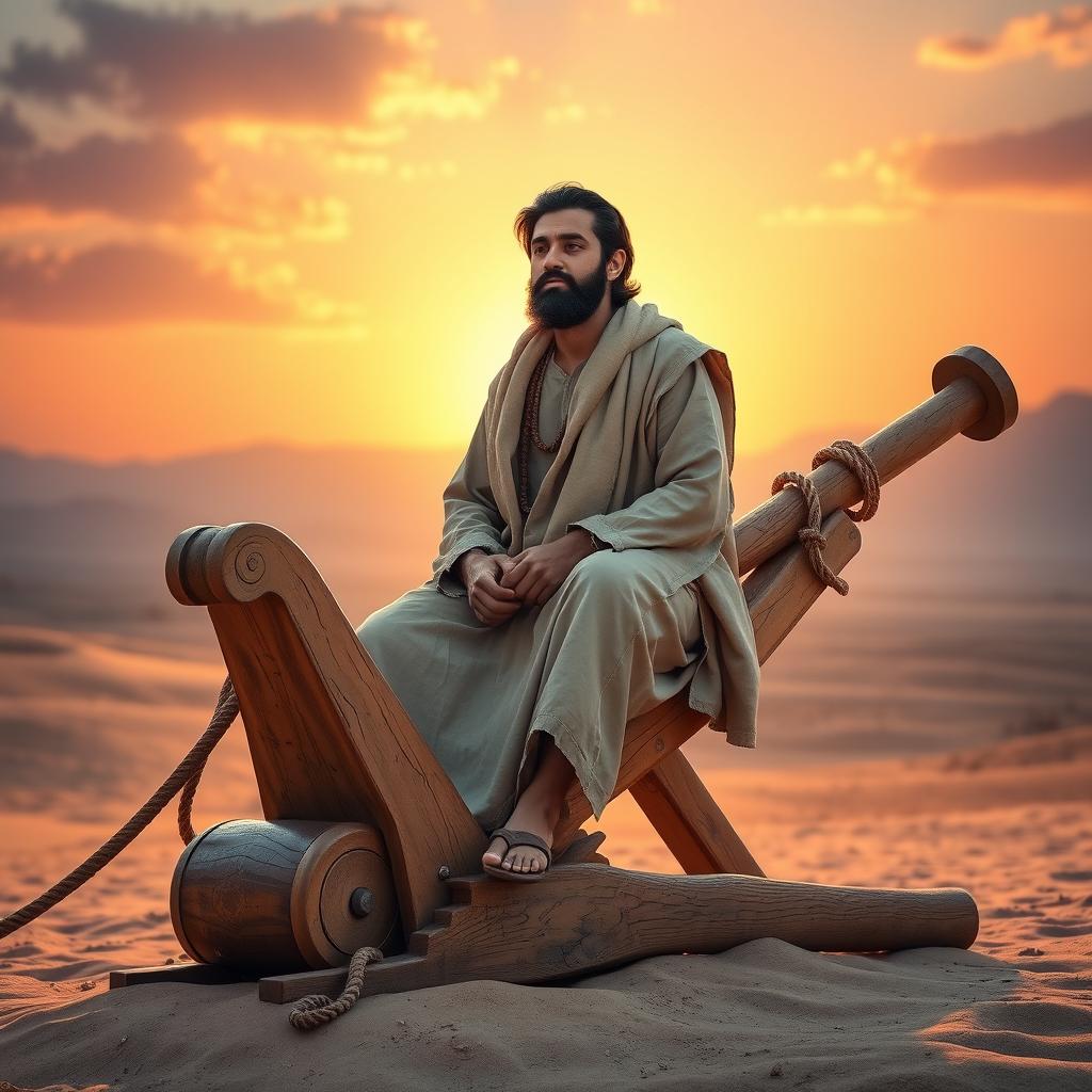 A serene scene depicting Prophet Ibrahim, a figure of calmness and dignity, with his hands tied, sitting confidently on a large wooden catapult