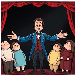 A whimsical and cute comic poster set in a theater with a black background and red curtains, featuring realistic characters