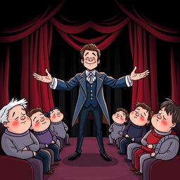 A whimsical and cute comic poster set in a theater with a black background and red curtains, featuring realistic characters