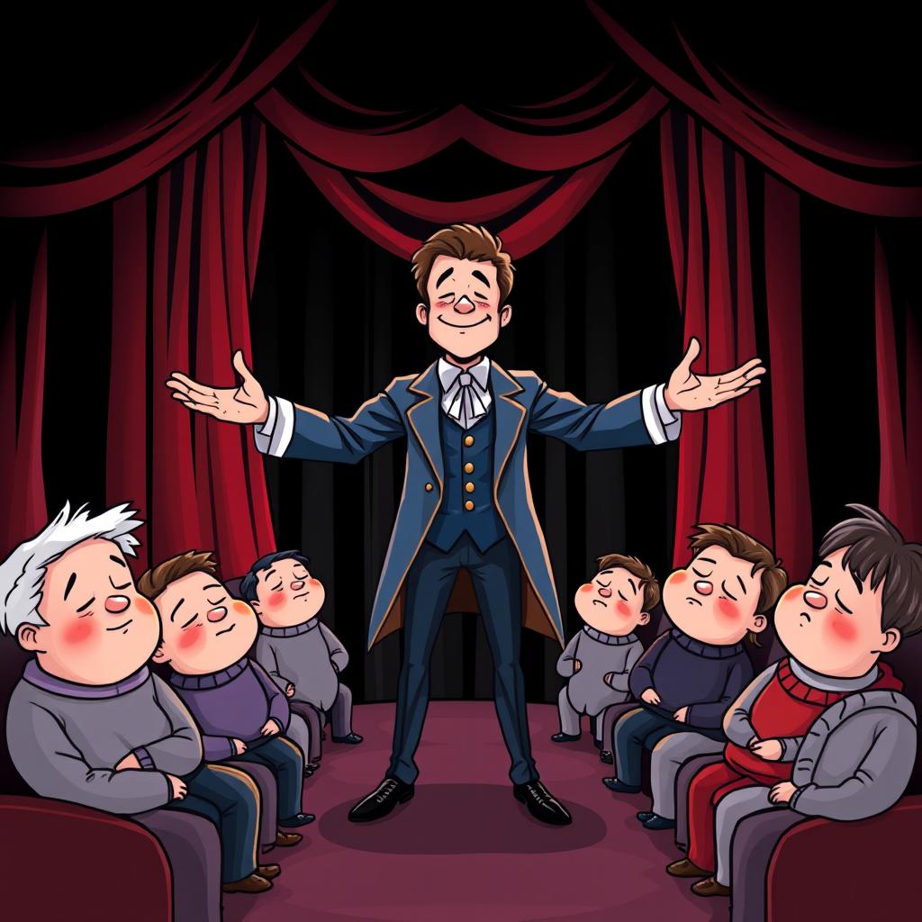 A whimsical and cute comic poster set in a theater with a black background and red curtains, featuring realistic characters