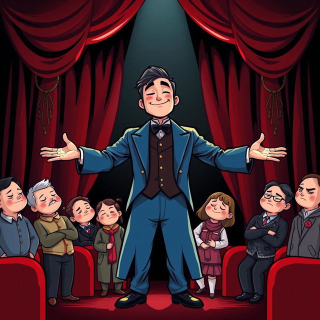 A whimsical and cute comic poster set in a theater with a black background and red curtains, featuring realistic characters