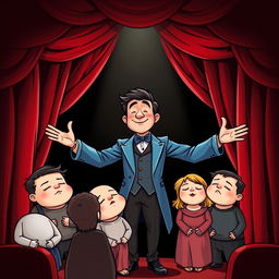 A whimsical and cute comic poster set in a theater with a black background and red curtains, featuring realistic characters