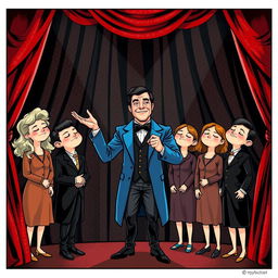 A whimsical and mysterious comic poster set in a theater featuring a black background and shiny red curtains, without any text