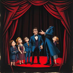 A whimsical and mysterious comic poster set in a theater featuring a black background and shiny red curtains, without any text