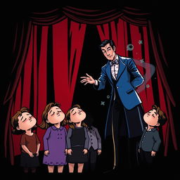 A whimsical and mysterious comic poster set in a theater featuring a black background and shiny red curtains, without any text