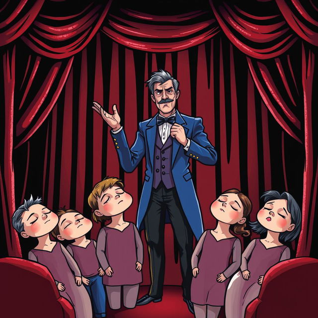 A whimsical and mysterious comic poster set in a theater featuring a black background and shiny red curtains, without any text