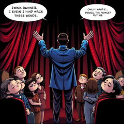 A whimsical and mysterious comic poster set in a theater with a black background and shiny red curtains, without any text