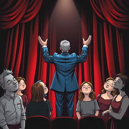 A whimsical and mysterious comic poster set in a theater with a black background and shiny red curtains, without any text