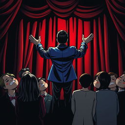 A whimsical and mysterious comic poster set in a theater with a black background and shiny red curtains, without any text