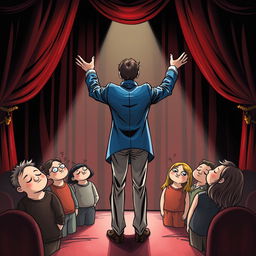 A whimsical and mysterious comic poster set in a theater with a black background and shiny red curtains, without any text