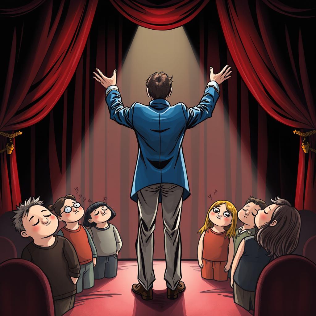 A whimsical and mysterious comic poster set in a theater with a black background and shiny red curtains, without any text