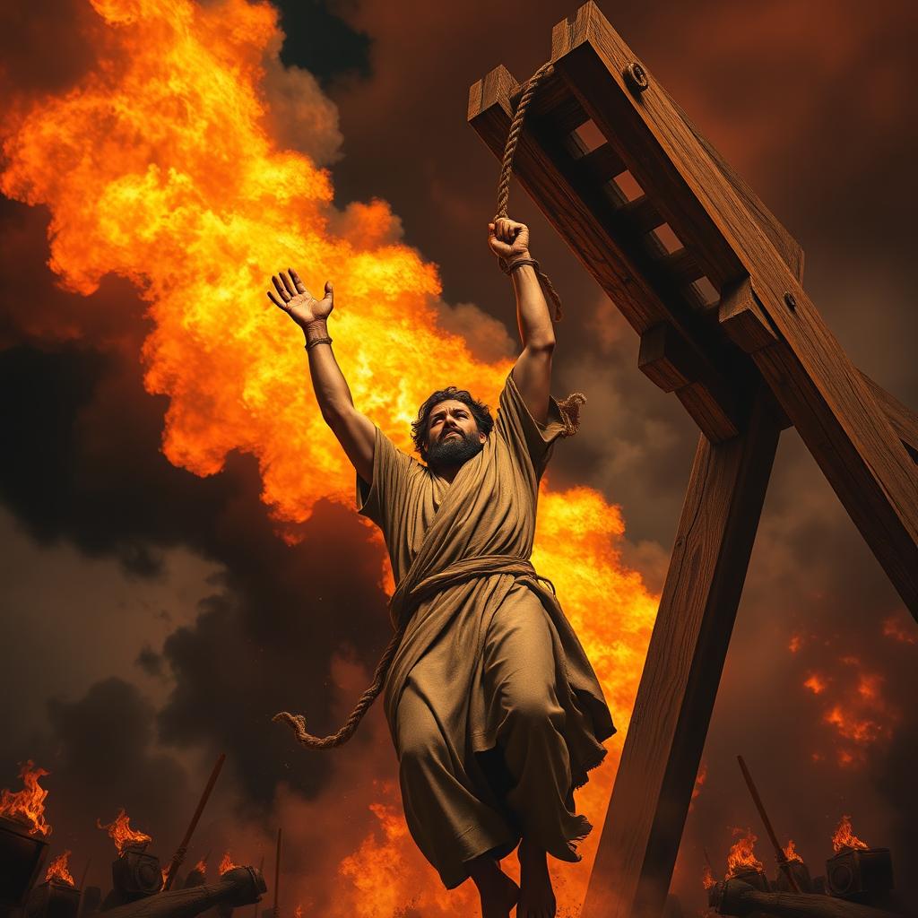 A dramatic scene depicting the biblical figure Prophet Ibrahim (Abraham) being launched into a fiery sky with a giant catapult