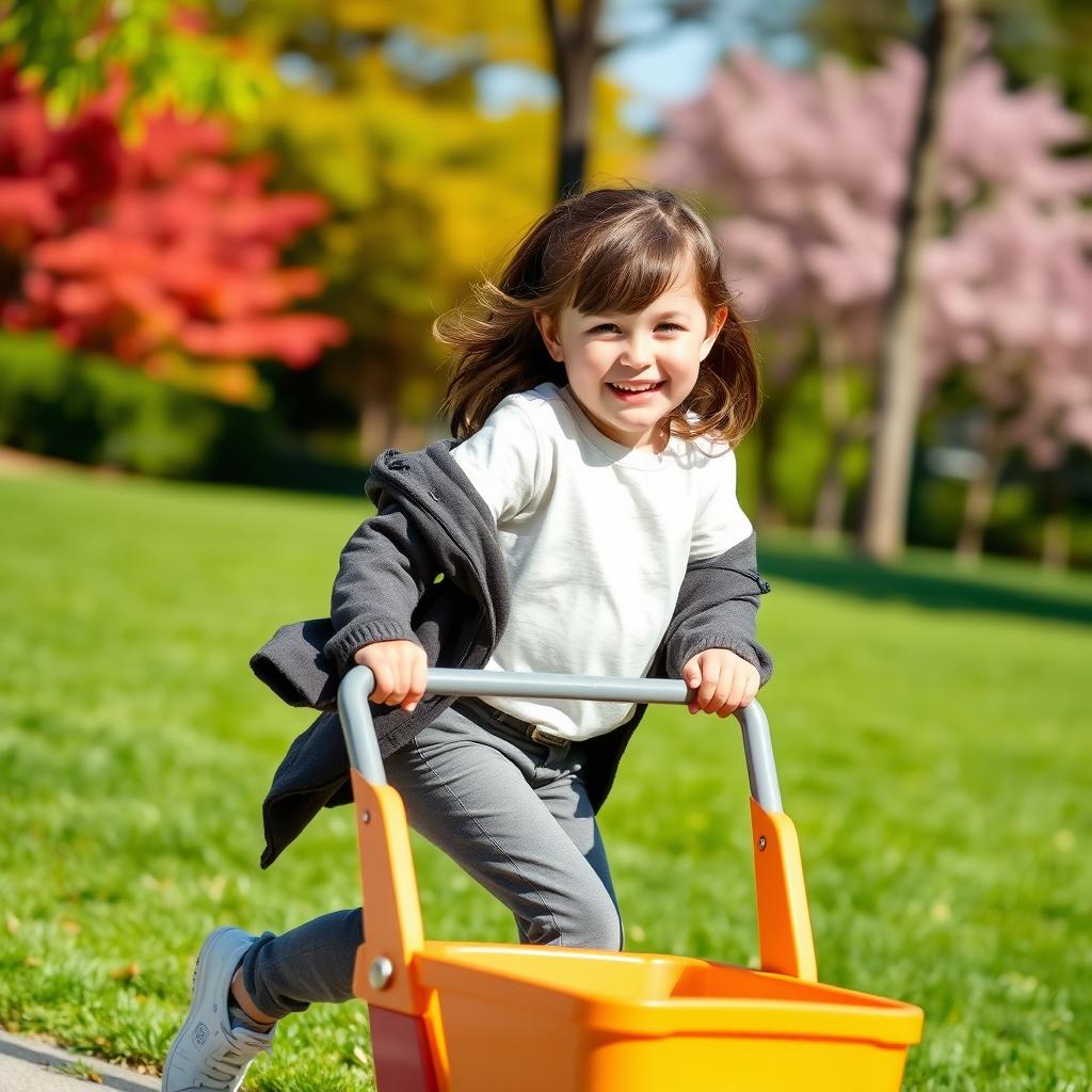 A 7-year-old girl dressed in comfortable and casual clothing, wearing pants and a t-shirt, possibly with a jacket, joyfully playing in a park