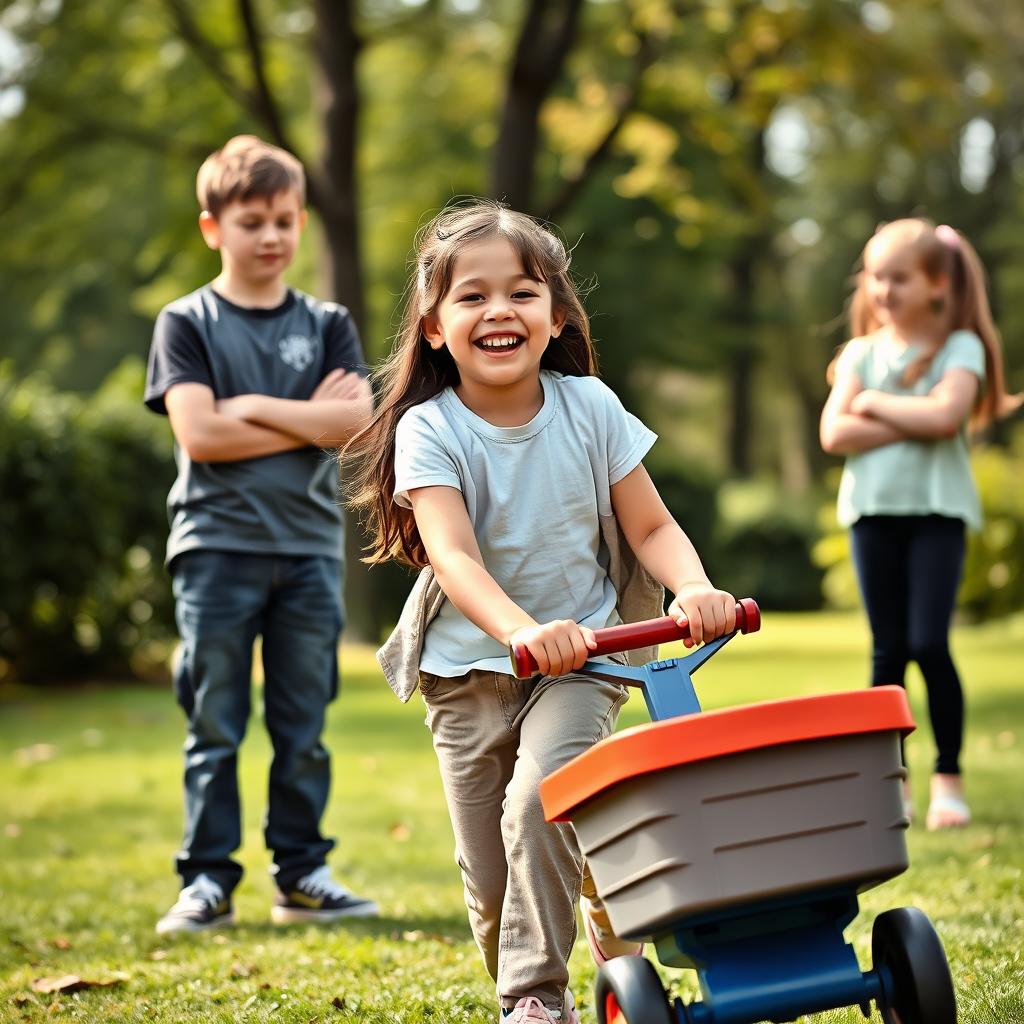 In a vibrant park scene, a joyful 7-year-old girl with a playful smile is energetically pushing a toy cart, dressed in comfortable casual clothing—a t-shirt and pants, perhaps with a light jacket