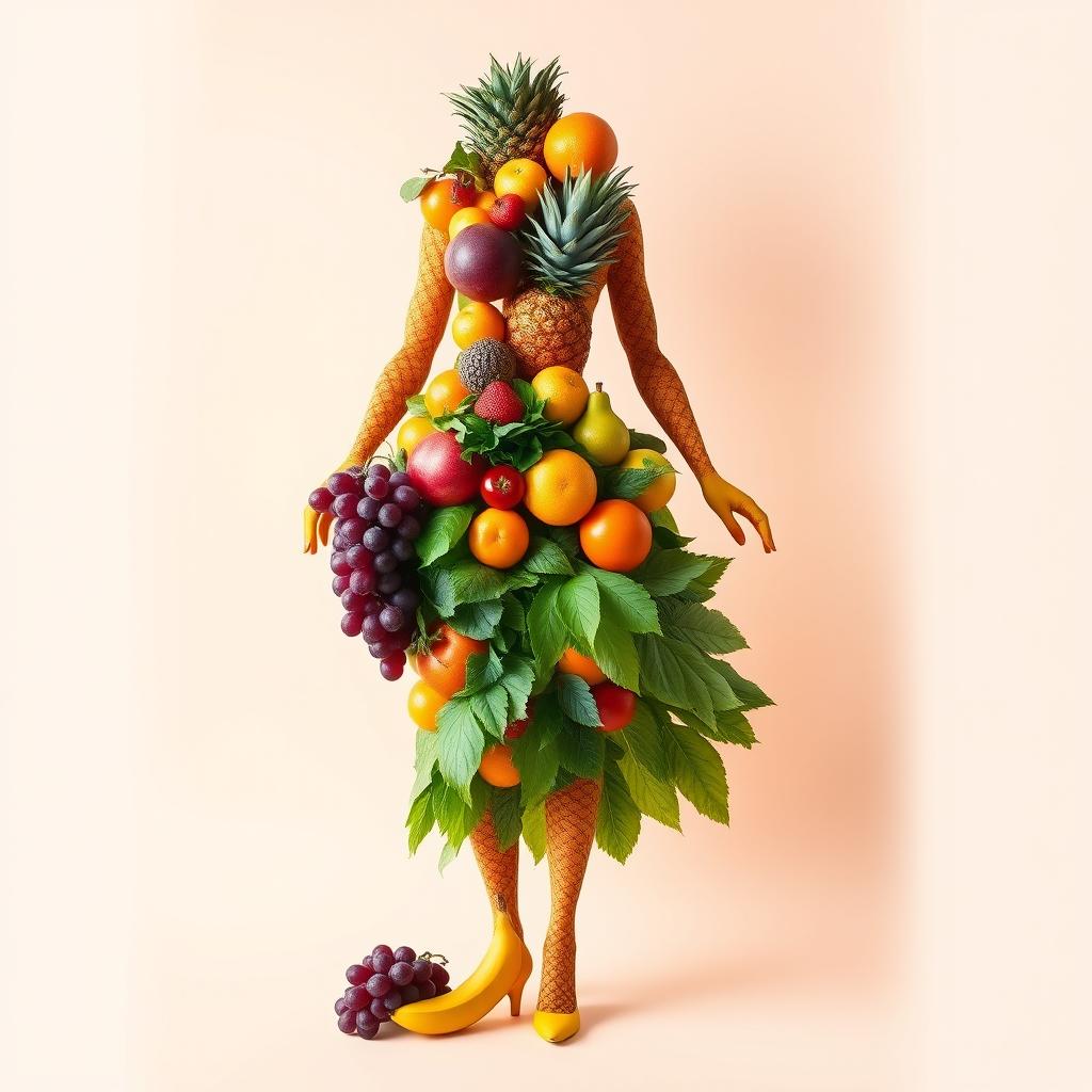 A creative and artistic representation of a woman's body, where the entire figure is composed of a variety of fruits and vegetables