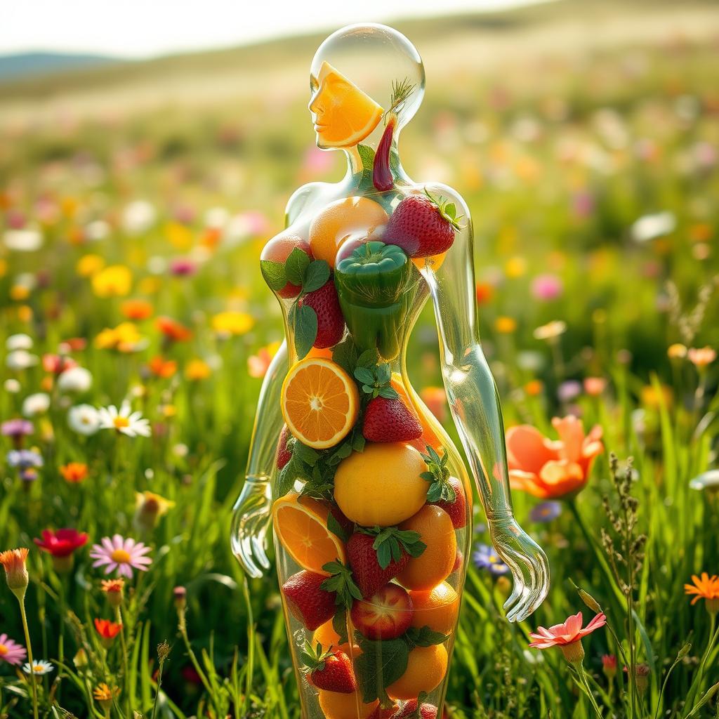 A creative and artistic representation of a transparent glass woman's body filled with an array of colorful fruits and vegetables such as oranges, strawberries, leafy greens, and bell peppers