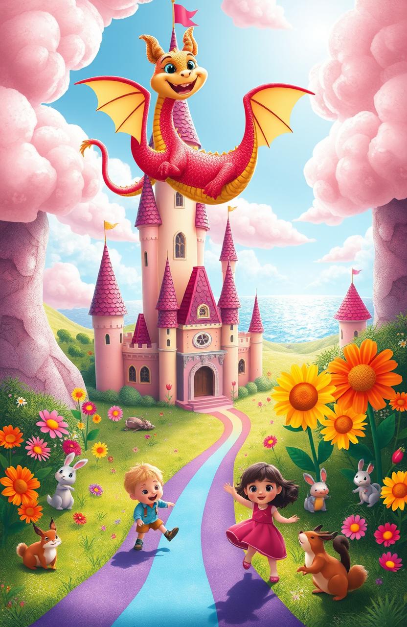 A vibrant and whimsical fantasy scene for kids, featuring a colorful castle with tall, spiraling towers surrounded by fluffy, cotton candy clouds