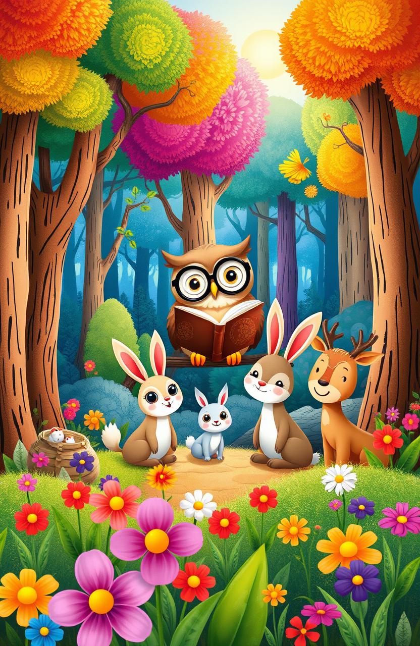 A whimsical illustration of a magical forest filled with friendly animals and vibrant trees