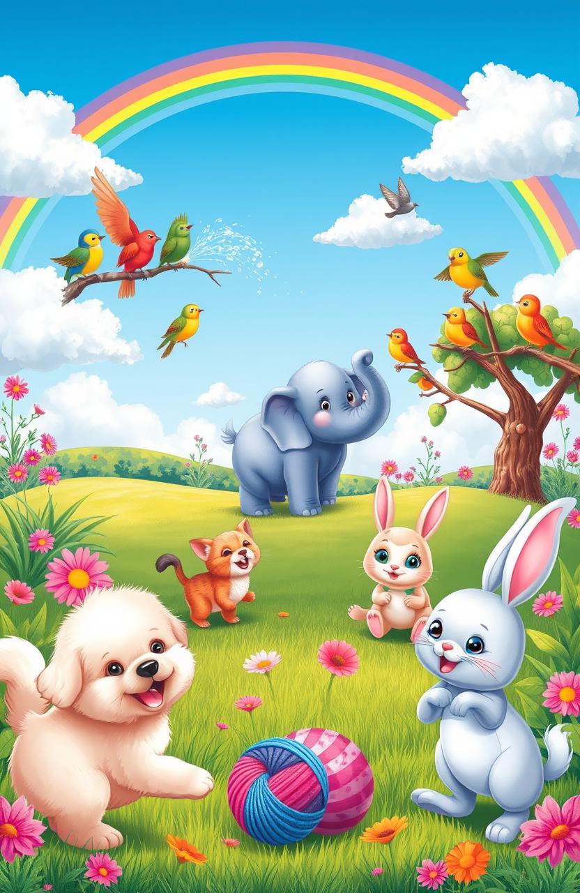 A vibrant and playful scene depicting a variety of adorable animals in a lush, colorful environment