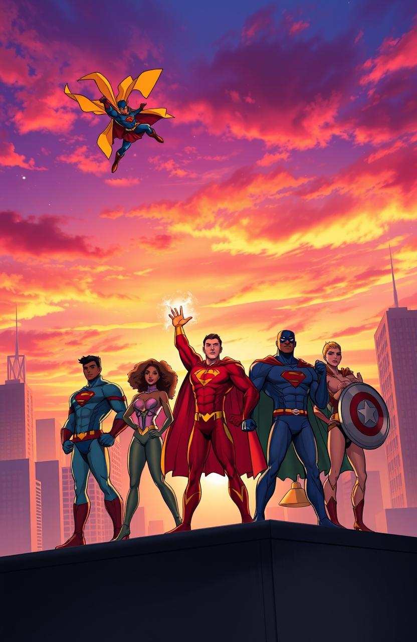 A vibrant scene of a diverse group of superheroes standing triumphantly on a city rooftop at sunset, showcasing their unique powers and costumes