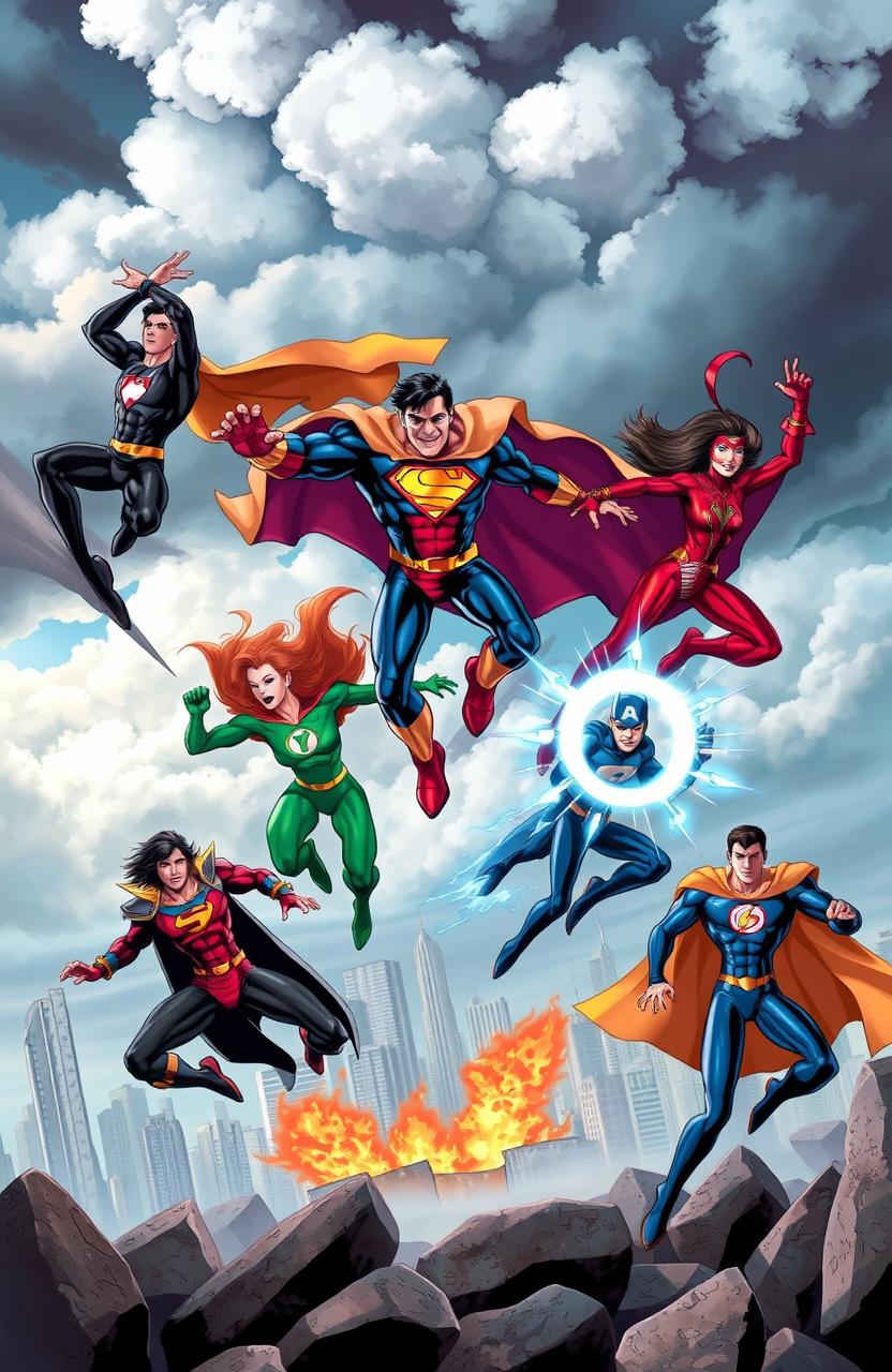 A vibrant scene showcasing a group of superheroes in action, with diverse costumes and powers