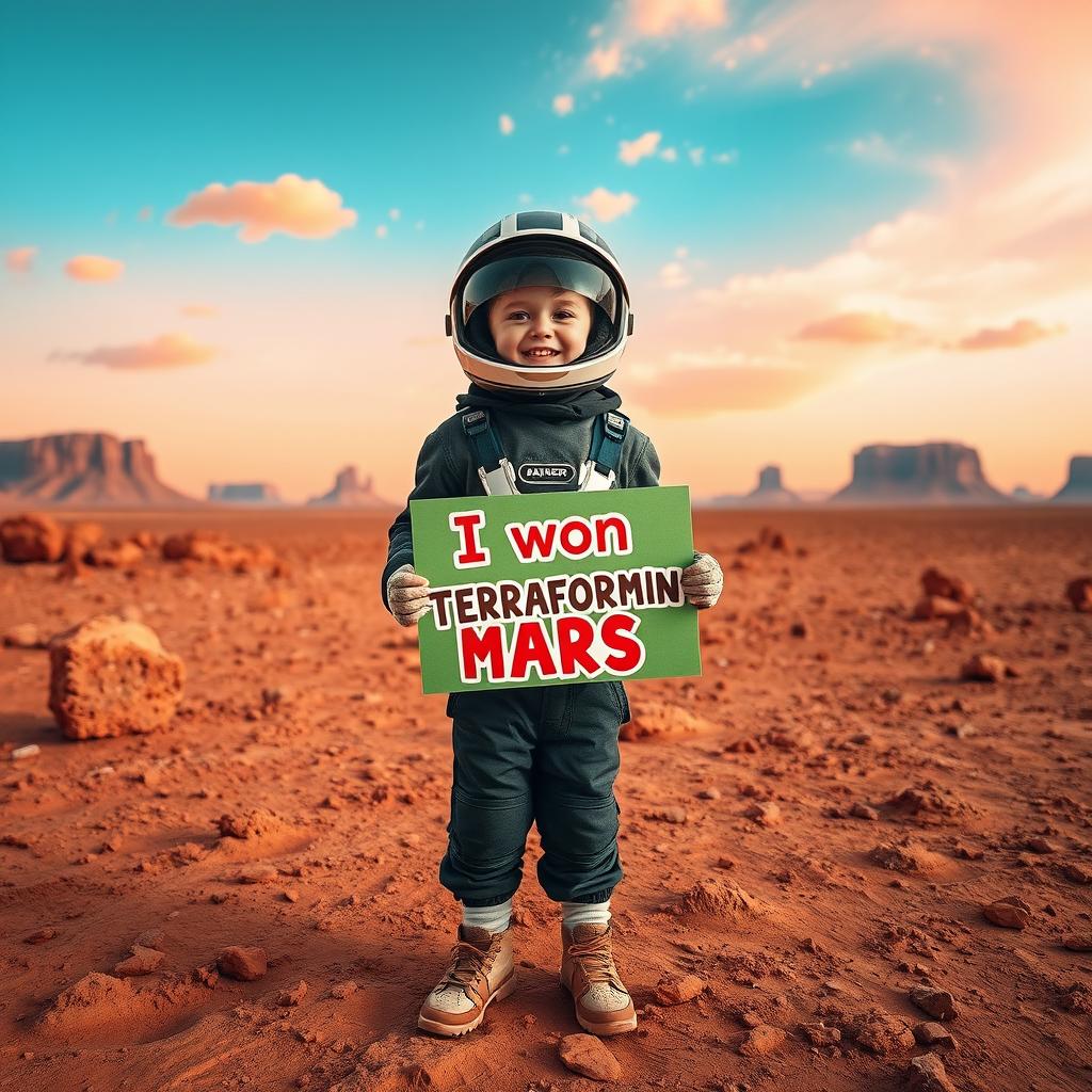 A young boy standing on the surface of Mars, with a stunning Martian landscape in the background, featuring red rocks and dusty terrain