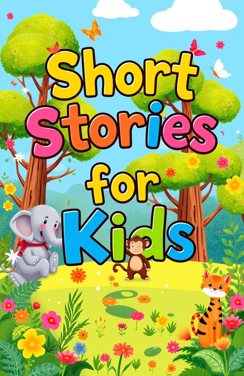 A charming and illustrative book cover featuring the title 'Short Stories for Kids' in playful, colorful typography