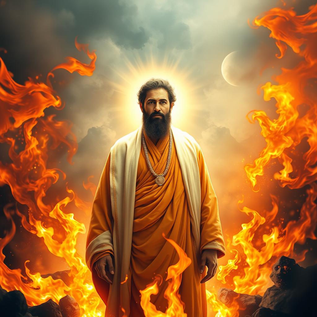 A stunning scene depicting Prophet Ibrahim standing unharmed in the midst of swirling flames, with a miraculous contrast of coolness around him