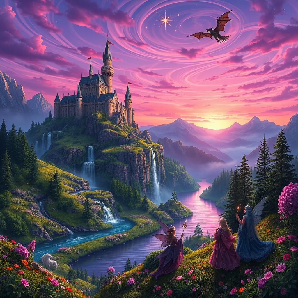 A breathtaking fantasy landscape featuring a sprawling castle atop a majestic mountain with shimmering waterfalls cascading down the cliffs