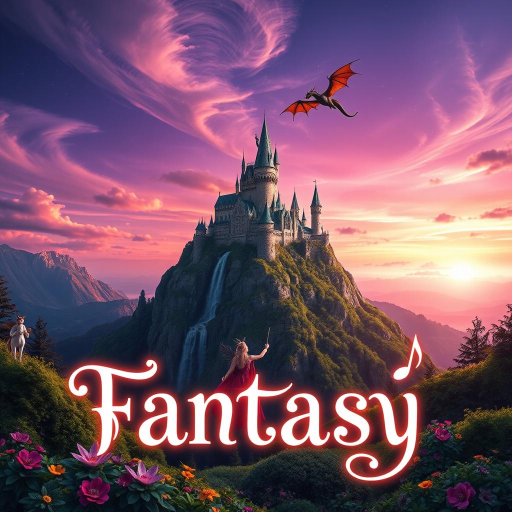 A breathtaking fantasy landscape featuring a sprawling castle atop a majestic mountain with shimmering waterfalls cascading down the cliffs