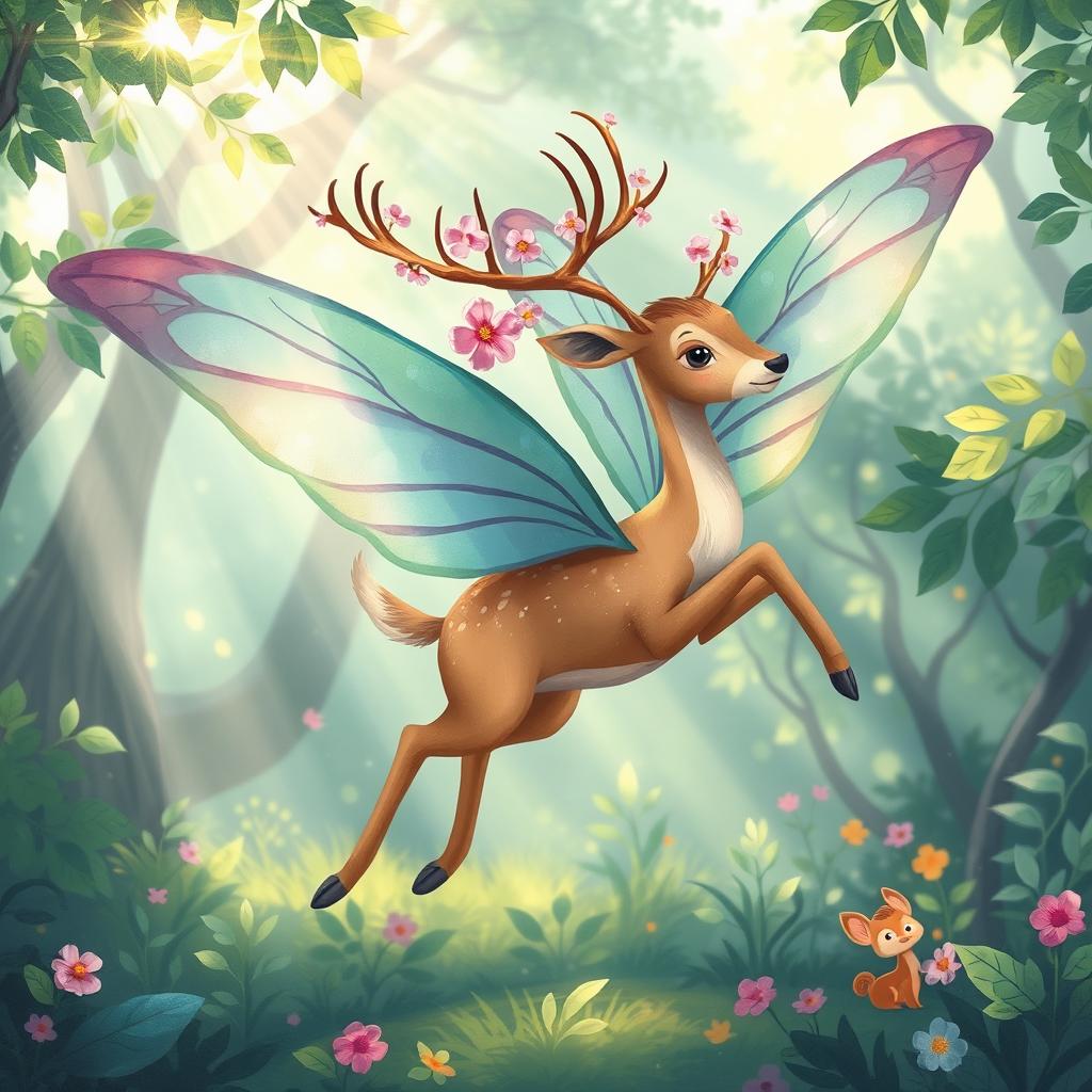 A whimsical illustration of a deer with delicate and colorful wings, soaring gracefully through a vibrant forest
