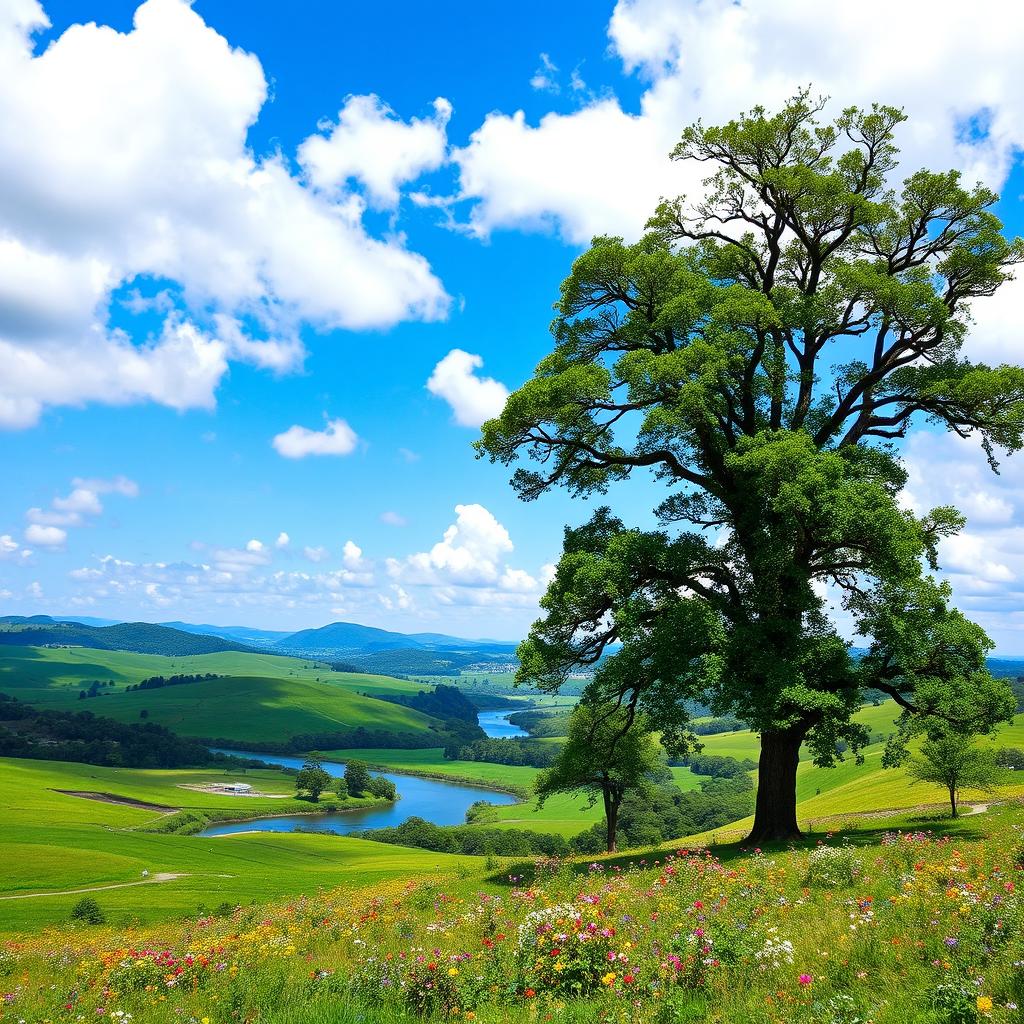 An expansive view of a serene landscape featuring a vibrant sky in a beautiful shade of sky blue