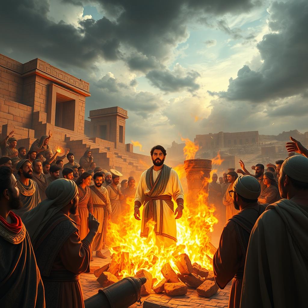 A dramatic scene depicting the shocked expressions of ancient Babylonian people witnessing Prophet Ibrahim emerging unharmed from a large, roaring fire