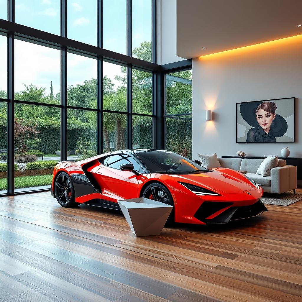 A sleek, modern sports car inside a stunning contemporary house
