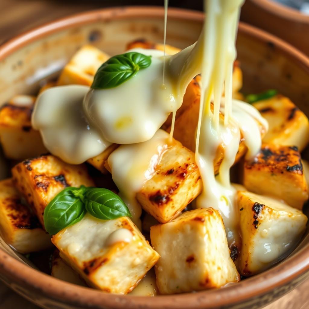 A delectable dish featuring soft and flavorful paneer cubes beautifully topped with a generous layer of gooey melted mozzarella cheese